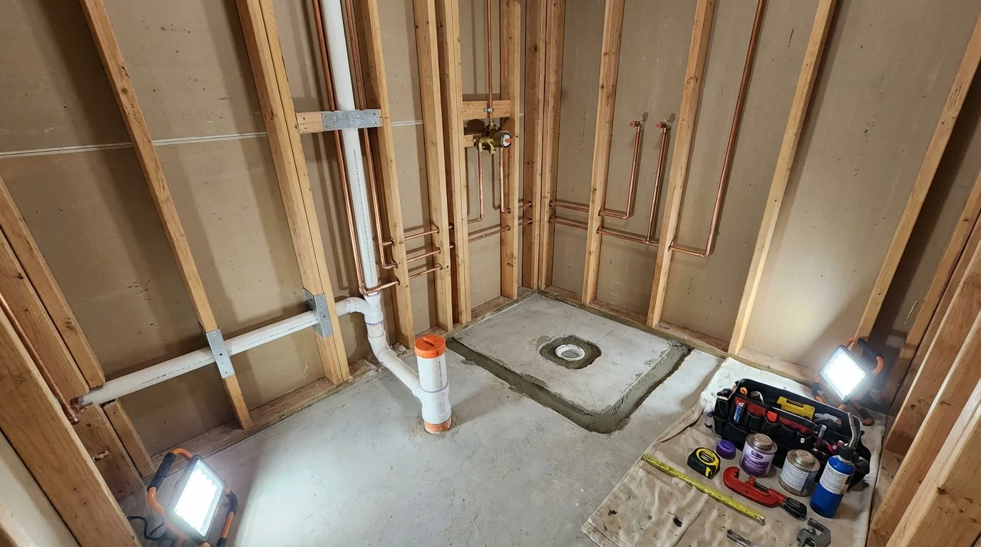 Bathroom rough-in plumbing during remodel by Johns Plumbing LLC in Collinsville