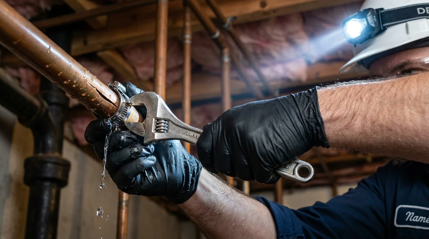 Emergency pipe clamp repair being performed by a Johns Plumbing LLC plumber in Collinsville