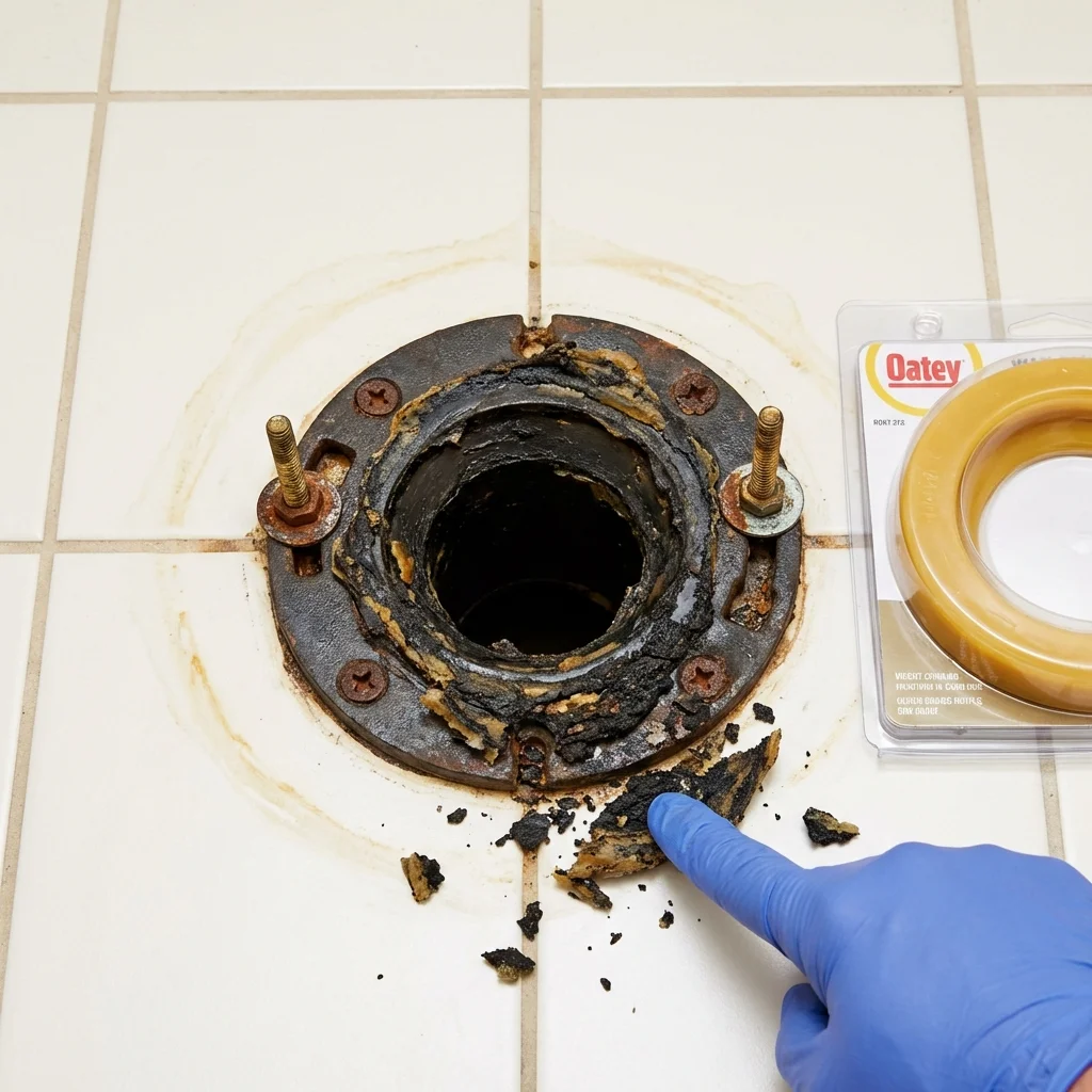 Failed wax ring showing water seepage at the base of a toilet in a Collinsville, TX home