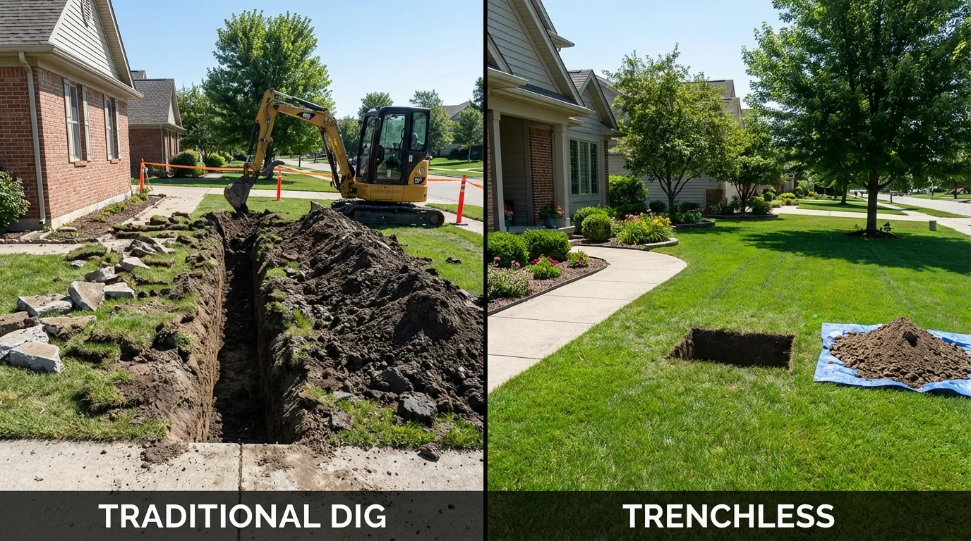 Trenchless sewer repair with minimal yard damage versus traditional excavation in Collinsville, TX