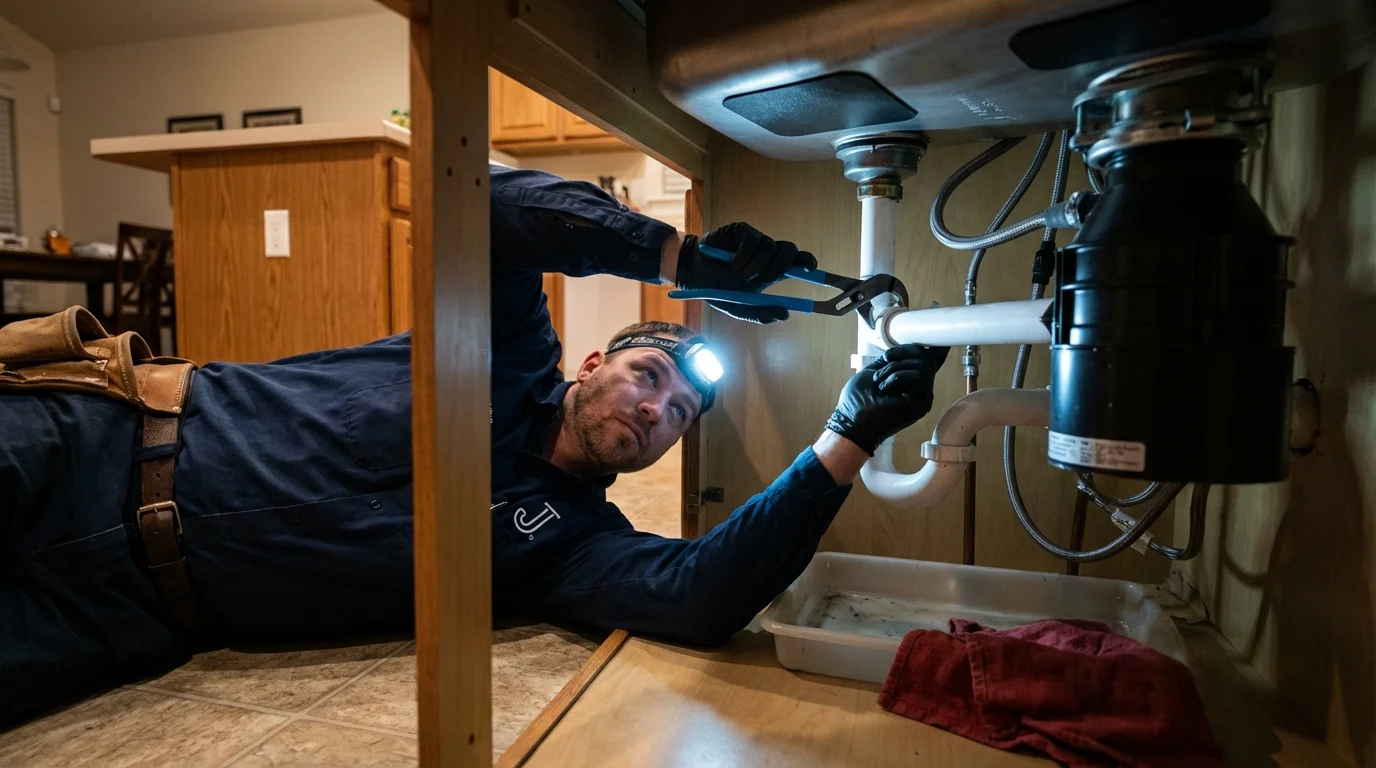 P-trap and supply line connections under a kitchen sink showing a common leak point in Collinsville, TX